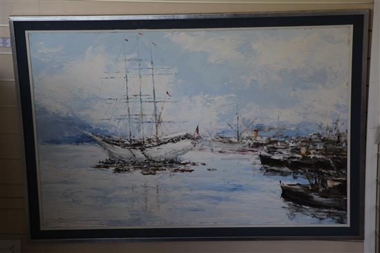 Francisco Maya (1915-1993) Shipping in Funchal harbour, 30 x 45in.